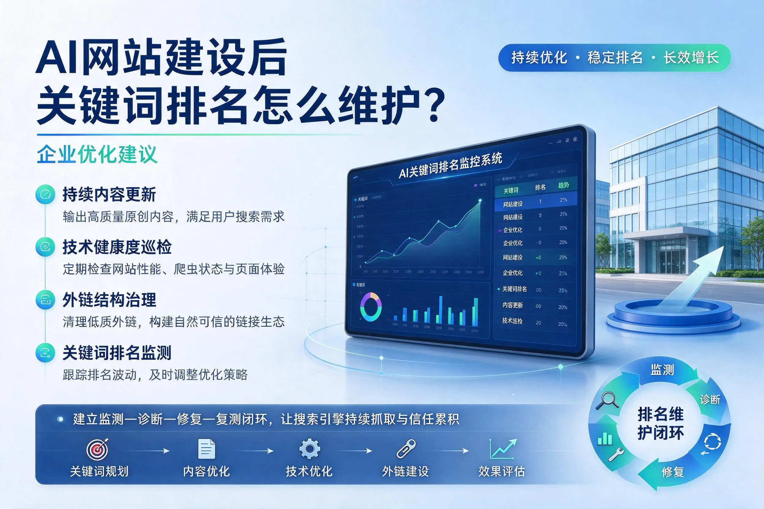 AI网站建设后关键词排名怎么维护?荆州企业优化建议